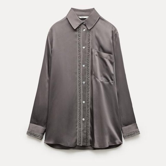 Zara Beaded Satin Effect Blouse Button Down Shirt Mocha Color - SMALL (runs big) - Picture 1 of 9